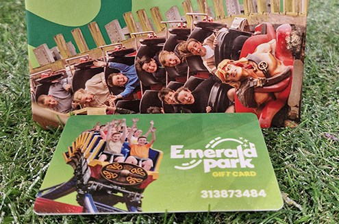 two girls looking directly at each other and smiling, as they go upside down on a theme park attraction